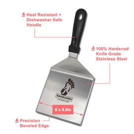 The Sasquash - Mammoth Smash Burger Spatula - Professional Grade Extra Wide Hamburger Turner - Heavy Duty 6 x 5.5 Inch, One Pound Knife Grade Stainless Steel, Blackstone BBQ Griddle and Grill Tool