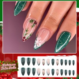 Ceboic Christmas Press on Nails Almond - 24Pcs Medium French False Nails Green Shiny Winter Xmas Glue on Nails with Snowflake Designs - Acrylic Removable Stick on Nails for Women Holiday Manicure