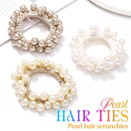 BARTOSI Pearl Hair Scrunchies Champagne Beaded Hair Ties Elastic Ponytail Holders Hair Bands Hair Accessories for Women and Girls (Pack of 3)