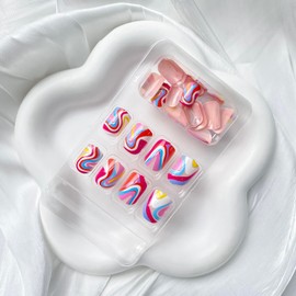 24 Pcs Short Fake Nails Extra Short Press on Nails Square with Colored Lines Designs Glossy False Nails Cute Acrylic Nails Full Cover Short Nails for Women Girls Artificial Nails