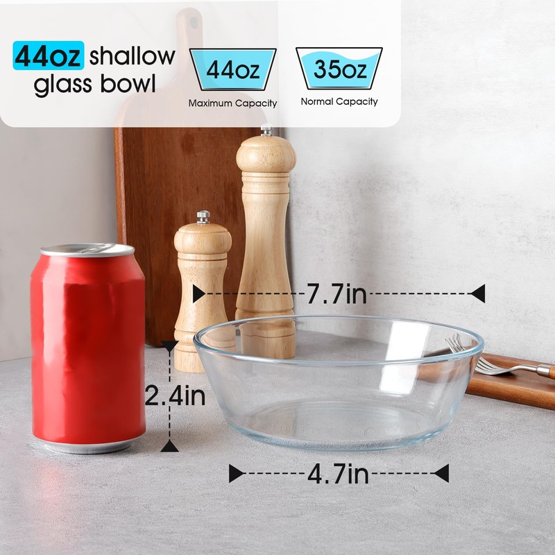 NUTRIUPS 44oz Flat Bottom Tempered Glass Bowl, 8in Clear Glass