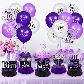 9Pcs Purple 16th Birthday Decorations Purple Black Happy 16th Birthday Table Honeycomb Centerpieces for Table Decor 16th Birthday Table Topper for Girls Boys 16th Birthday Anniversary Party Supplies
