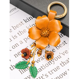 Inbagi Leather Leaf Flower Tassel Keychain Boho Accessories Cute Keychains for Women Wallet Bag Purse Ring Pendant Charms (Yellow)