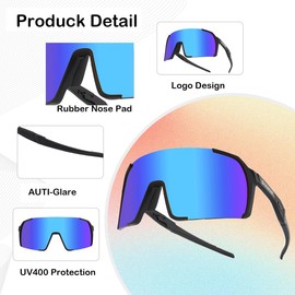 Orstarlan Sports Sunglasses Cycling UV Protection for Driving Running Hiking Fishing (Black/Blue)