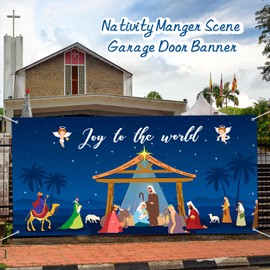 6 x 13 ft Holy Night Outdoor Nativity Christmas Garage Door Banner Decorations Religious Nativity Garage Door Cover Christmas Birth of Jesus Backdrop Garage Banner Decoration for Wall Party Supplies
