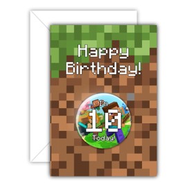 I'm 10 Today - 10th Birthday - Inspired by Mine Crafting Crafts Video Game Gaming Gamer Birthday Card With Badge - Pin Button Badges - A6-76 mm