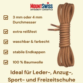 Mount Swiss Premium Shoelace, Round Laces Made of 100% Cotton, Tear-Resistant, Diameter 3-4 mm, 12 Colours, Length 45-200 cm , 90 cm