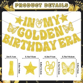 In My Golden Birthday Era Banner with Hanging Swirls, Golden Birthday Party Decorations for Women Girls Party Supplies, Gold Glitter