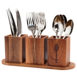 Yallmie 3 Pieces Kitchen Utensil Holder, Cutlery Holder Wooden Kitchen Utensil Organiser Counter Top, Silverware Holder With Drainage Utensil Caddy Kitchen Tableware Storage, Cutlery Holder For Table