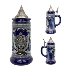 Essence of Europe Gifts 1 Liter | OktoberfestHaus German Adler (Eagle) Stein Mug Beer Steins For Men Cobalt Blue Ceramic Beer With Metal Emblem Bier Krug With Lid Oktoberfest Beer Mug