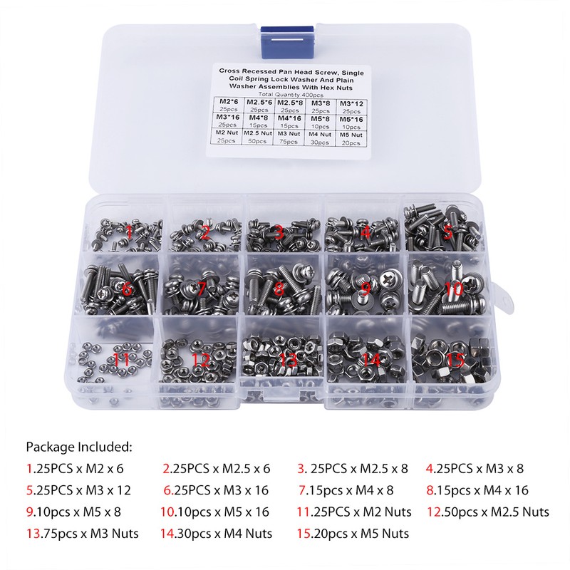 400pcs M2 M2.5 M3 M4 M5 Cross Pan Head Screws