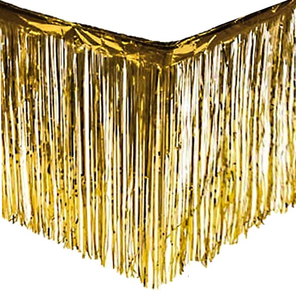PUZINE 2 Pack Metallic Foil Fringe Table Skirt Tinsel Party Table Skirt Banner for Parade Floats Mardi Gras Party Decoration（L108 inH 29in） (Gold, 2pack)