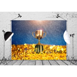 Loccor Fabric 5x3ft Golden Champion Trophy Backdrop Winner Cup Shiny Gold Glitter Photography Background Film Awards Sports Competition Champion Ceremony Birthday Party Decoration Photo Booth Props