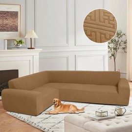 ROFASVCO Jacquard Stretch Corner Sectional Couch Cover L Shape Magic Sofa Covers Sectional Slipcovers for Dogs Pets Kids U Shaped Furniture Protector Non Slip Elastic Bottom (Large, Light Coffee)