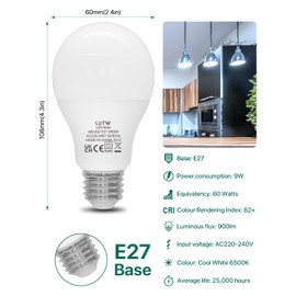 LUTW E27 LED Bulb, 9 W LED Bulb Replaces 60 Watt Bulb E27, 6500 Kelvin, Cool White, A60 Bulb, 900 lm, 220° Beam Angle, Energy Saving Bulb, Not Dimmable, Pack of 3