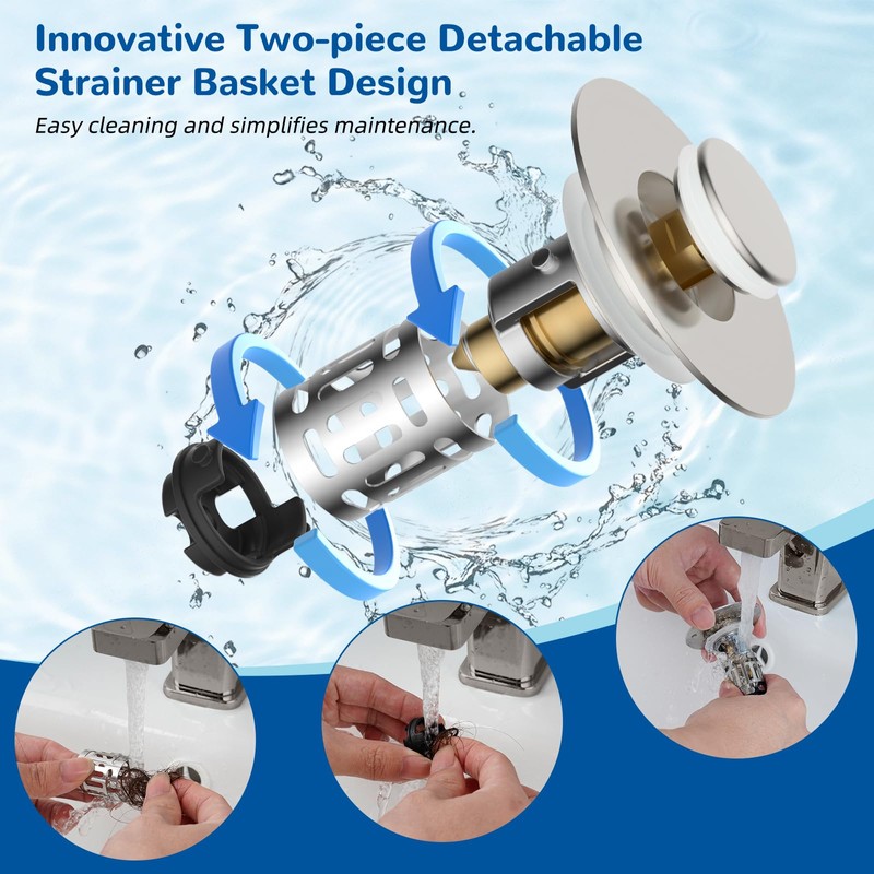 Hibbent 2 Pack Upgraded 3 in 1 Bathroom Sink Drain