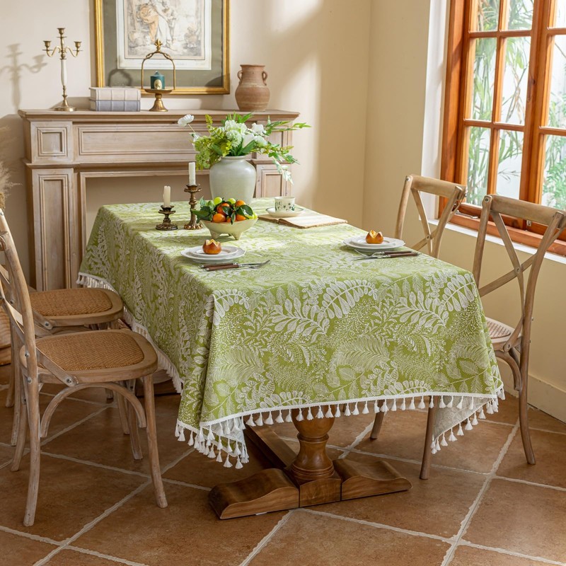 Rakila Rectangle Vintage Cotton Linen Tablecloth with Stitching Tassels Washable