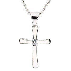 MYA art Premium Kette Halskette 925 Silber Rhodiniert Kreuz Anhänger mit rundem Zirkonia Strass Stein Damen Kinder Kreuzkette 45cm MYASIKET-119