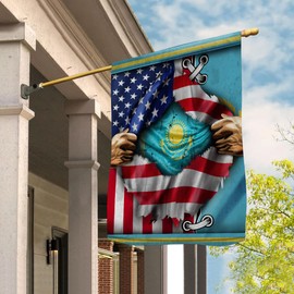 PERFECTMEN Flags-Proud Kazakh American Flag Ripped Flag Kazakhstan Strong House Flag (29.5" x 39.5")-USA Flags Premium Polyester-Decorative Indoor Outdoor Flag