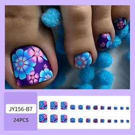 Toe Press On Nails Flower Fake Toenails Blue Purple Toenails Press Ons Short Square Shape Colorful Flower Toe Nails Press On Matte Full Cover Artificial Acrylic Reusable Press On Toenails For Women
