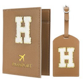PATIKIL Passport Holder for Travel, Initial Passport Cover and Luggage Tag Set with Alphabet Chenille Letter Patch Travel Wallet Bag Suitcase Identifier for Women Family Travel Brown H