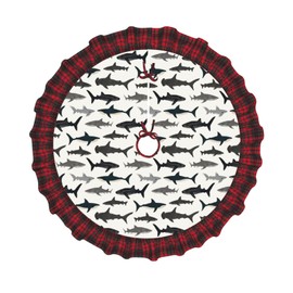 Sharks Nautical Boys 30 Inch Christmas Tree Skirt Red and Black Buffalo Plaid Edge Decoration for Merry Christmas Farmhouse Winter Holiday Party Home Decoration Ornaments Indoor Outdoor