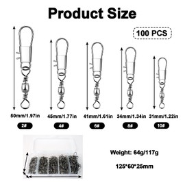 100Pcs Fishing Swivels, Swivels Fishing Tackle, Interlock Sea Fishing Swivels and Clips with Safety Snaps, High Strength Fishing Tackle Accessories Fishing Clips for Saltwater Freshwater 2#4#6#8#10#