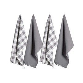 DII Cotton Checker Fringed Dish Towels, 18 x 28" Set of 4, Absorbent Heavyweight Woven Kitchen Towels for Drying and Cleaning Dishes-Gray