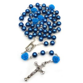 Kuesn Amethyst Catholic Rosary Necklace 6mm Purple Pearl Beads Rose Flower Cross Religious Necklace (Dark Blue)