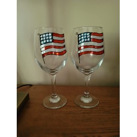 Patriotic American Flag Wine Glasses Hand Painted Forth of July Home Decor Set of 2