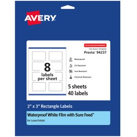 Avery Waterproof Rectangle Labels with Sure Feed, Print to the Edge, 2" x 3", 40 White Labels (36559)