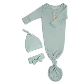 Newborn Baby Knotted Gown, Super Soft Silky Infant Long Sleeve Sleeper with Tie Bottom, Baby Girl and Boy Sleep Gown with Mittens, Bow, and Hat Set Light Grey Green