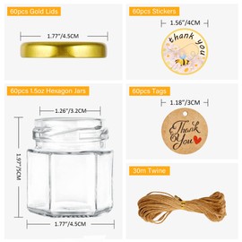GIVAMEIHF Mini Glass Honey jars-1.5oz, 60 pcs Hexagon Honey Jars with Dipper 60 Bee Stickers,60-Tags,Jutes Rope,Mini Honey Jars with Lids, Perfect for Jams,Baby Shower, Wedding Favors, Party Favors