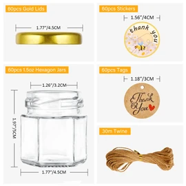 GIVAMEIHF Mini Glass Honey jars-1.5oz, 60 pcs Hexagon Honey Jars with Dipper 60 Bee Stickers,60-Tags,Jutes Rope,Mini Honey Jars with Lids, Perfect for Jams,Baby Shower, Wedding Favors, Party Favors