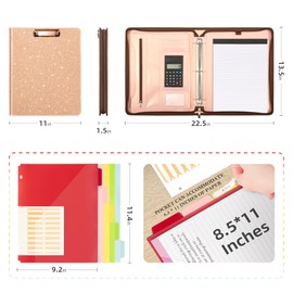 Ospelelf Clipboard with Storage, 3 Ring Binder with Zipper, Leather Padfolio Portfolio Folder, Calculator, 12.1” Tablet Sleeve, 5 Dividers with Pocket|Refillable Notepad, Card Slot (Rose Gold)