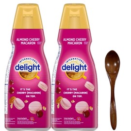 International-Delight Liquid Coffee Creamer.- Pack of Two (2) 32 fl oz Bottles of Smooth & Creamy Delightful Coffee Creamer and Candy Freezer Wooden Spoon (Almond Cherry Macaron) - Wooden Spoon