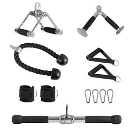 Elevens Triceps Pull Down Cable Machine Attachments for Home Gym Workout, 7 Piece Set Multi-Option, V Handle with Rotation, Rotating Straight Bar, V-Shaped Bar, Tricep Rope, Ankle Straps,Chrome