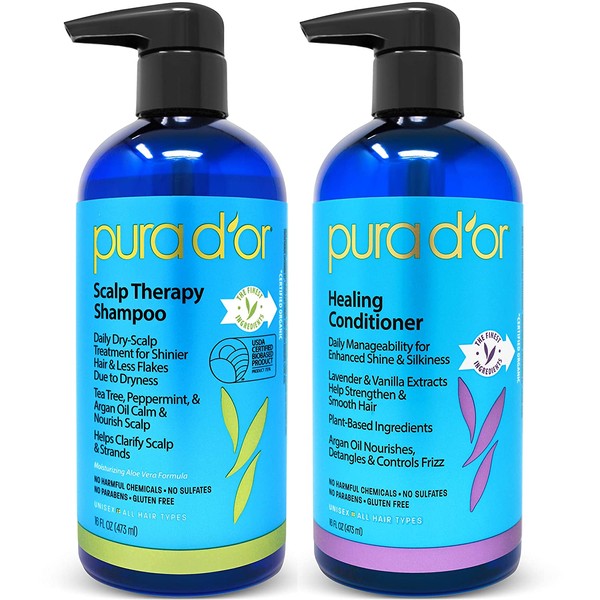 PURA D'OR Scalp Therapy and Healing Scalp Shampoo & Conditioner Set For Dry, Itchy Scalp - Hydrates and Nourishes Hair with Tea Tree, Argan Oil & Biotin, All Hair Types, Men Women (Packaging May Vary)
