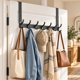 Over The Door Hooks Organizer Rack – No-Drill Aluminum Door Hanger with 5–8 Hooks for Coats, Hats, Towels & Bags