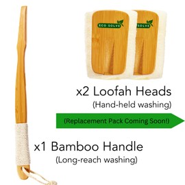 Eco Solve Natural Loofah Shower Scrubber w/Removable Bamboo Handle, Gentle Exfoliation, Long-Ergonomic Handle w/Hemp Rope Grip, Extra Loofah Included for Close Washing, Plastic-Free, Eco-Friendly