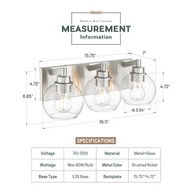 METWET Bathroom Light Fixtures, 3-Light Brushed Nickel Vanity Light, Modern Wall Sconces with Globe Clear Glass Shade, Vanity Lighting Fixtures Over Mirror, VL195-BN-CL-3