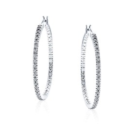 Basic Round Solitaire Set CZ Large Hoop Earrings For Women Rhodium Plated Silver Tone Brass 1.75 In Dia