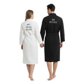 Jecery 2 Pack His and Hers Robes Gifts for Couples Cotton Waffle Knit Matching Robes Party Anniversary Wedding Women Men(Black,Mrs.always Right)