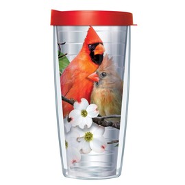 Signature Tumblers Cardinal Birds on Dogwood Branch Wrap on Clear 16 Ounce Double-Walled Travel Tumbler Mug with Cherry Red Easy Sip Lid