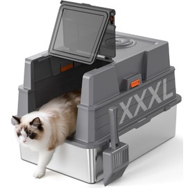 XXXL Stainless Steel Litter Box with Lid,28" L x 20.5" W x 16.5" H Extra Large Cat Litter Box Enclosure for Large and Multi-Cats Families,Non-Sticky, Anti-Leakage, Easy to Clean(Gray)