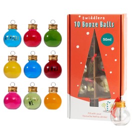 10 Gin Christmas Baubles with Label Stickers, 50 ml, Reusable, Robust Plastic, Crafts, DIY Design, Christmas Tree Baubles for Filling, Christmas Decoration, Party Bags, Party Favours
