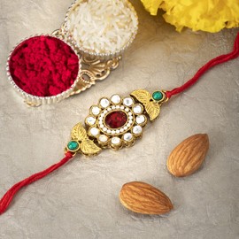 Aheli Indian Traditional Elegant Kundan Leaf Rakhi for Brother Men Boys with Raksha Bandhan Greeting Card