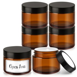 Bumobum 1oz Glass Jars with Lids, 6 Pack Small Amber Glass Jars with Labels, Refillable Empty Cosmetic Containers for Lip Balm Scrub Creams Lotions