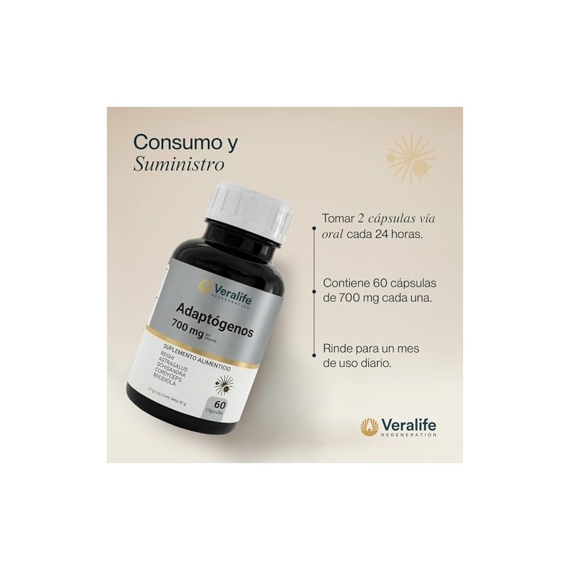 Veralife Adaptogenos Rhodiola Reishi Cordyceps Capsulas 700