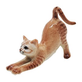 WitnyStore Tiny 2¼" Long Brown Tabby Shorthair Cat Stretching Figurine - Miniature Hand Made Painted Ceramic Cats Kitten Feline Animal Cute Porcelain Decorative Collectible Figurines Décor Gifts